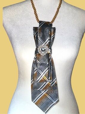 Gray and Gold Plaid Silk Tie Necklace with Pearl Heart Brooch